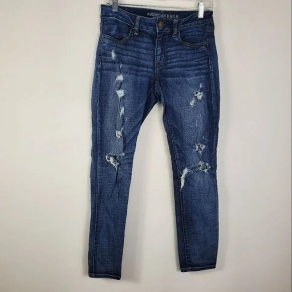 American Eagle Hi Rise Jegging Next Level Stretch Distressed Dark Wash Comfort, - Picture 3 of 3